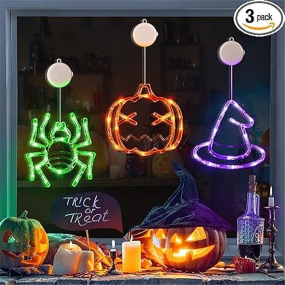 Halloween Decorations 3 Pack Orange Pumpkin Green Spider Purple Witch Hat - Picture 7 of 7